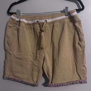 Mens Khaki Shorts / Women’s Bermudas. Tan Color White Red And Blue Stripes